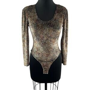 Vintage FELLOW Paris Womens Animal Print Thong Bodysuit Long Sleeve Scoop Neck 2